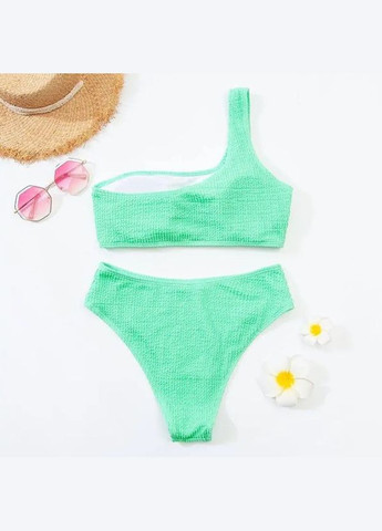 Бірюзовий літній роздільний купальник жатка на одне плече, трусики сліпи s m l (44 46 48) бірюзовий Po Fanu