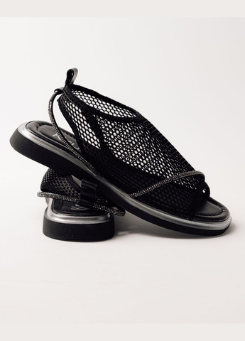 Черные босоножки с сеткой черные кожа текстиль Krula без застежки со стразами