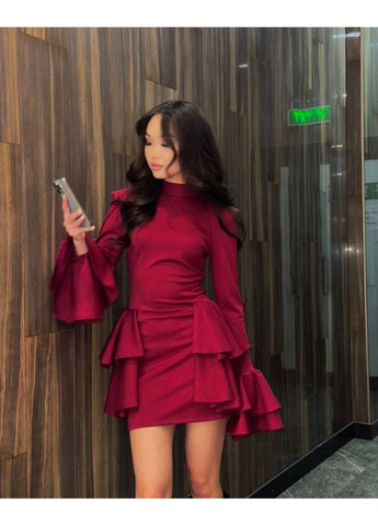 Бордова святковий, вечірня, кежуал жіноча сукня з воланами Style Point однотонна