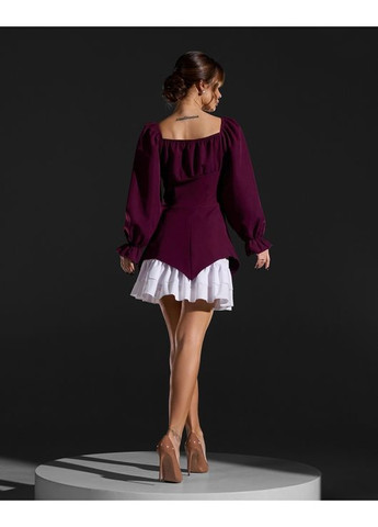 Бордовое вечернее молодежное платье с баской с открытыми плечами ISSA PLUS однотонное