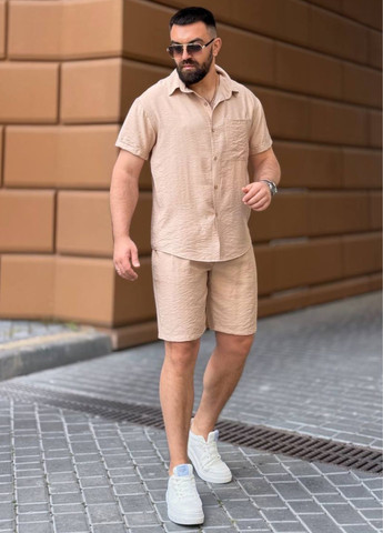 Бежевий літній базовий повсякденний легкий літній костюм двійка: сорочка + шорти з шортами Tik-Tak