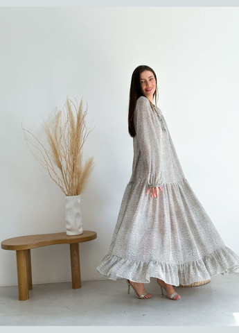 Сіра шикарне літнє плаття-максі з турецького шифону ідеального крою, легке плаття з довгим рукавом, гарний сірий принт No Brand