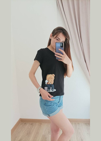 Качественная чёрная футболка из турецкого кулира(хлопок) с 3D накатом мишки, красивая футболка в размере 42-46 No Brand 022 - (292653138)