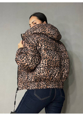 Коричнева демісезонна куртка жіноча 9006 коротка з капюшоном леопардовий принт на резинці демісезонна коричнева Lady yep