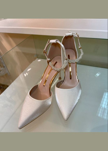 No Brand Весільні жіночі туфлі для нареченої з перлами + додатково ремінець із атласу 6 см - Білий колір білий з текстиль, — літо (322414744)
