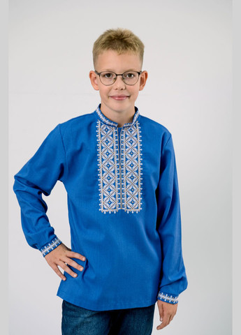 Синя вишиванка для хлопчика з натурального льону – стильна українська сорочка з геометричною вишивкою візерунок орнамент льон (314872697)