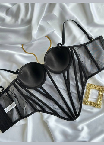 Жіночий бежевий чорний корсет із сіточкою і твердими чашками No Brand (327890511)