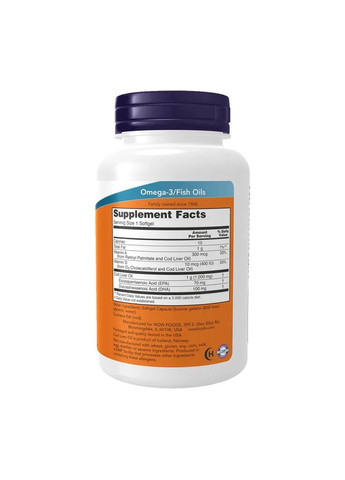 Омега 3 із печінки тріски Cod Liver Oil Extra Strength 1000 мг 180 капсул Now Foods (361117322)