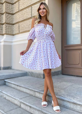 Світло-рожева повсякденний сукня міні з коротким рукавом ліхтарик на гумці з спідницею-сонце Tik-Tak з квітковим принтом