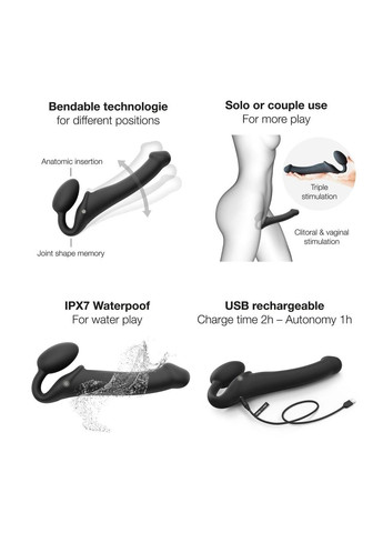 Безремневой страпон с вибрацией Strap-On-Me Vibrating Black L, диаметр 3,7см, пульт ДУ, регулируемый No Brand (366879302)