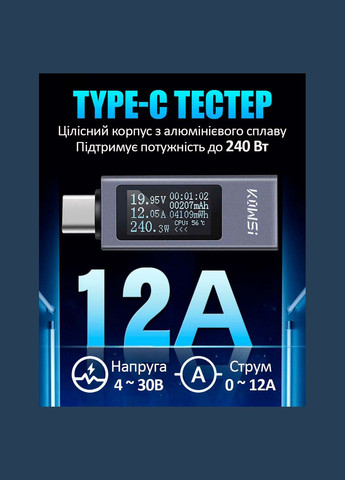 Багатофункціональний USB тестер KOWSI KWS-2301C Type-C / ударостійкий / QC3.0 / 4-30V / 12A No Brand (323016855)
