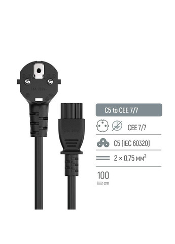 Кабель питания CEE7/7-C5, 1 м, Black (CW-CBP084-BK) Colorway (364861834)