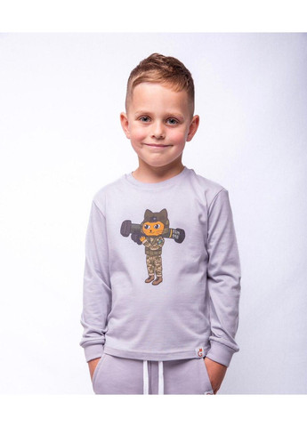 Сіра демісезонна лонгслів патріотичний з принтом котик з джавеліном для хлопчиків Ginger Cat