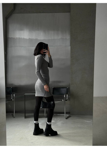 Серое повседневный, кэжуал женское платье в рубчик No Brand однотонное