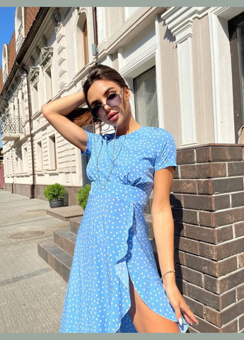 Голубое праздничный, повседневный, кэжуал, вечернее легкое изящное платье с разрезом по ножке Vakko в горошек