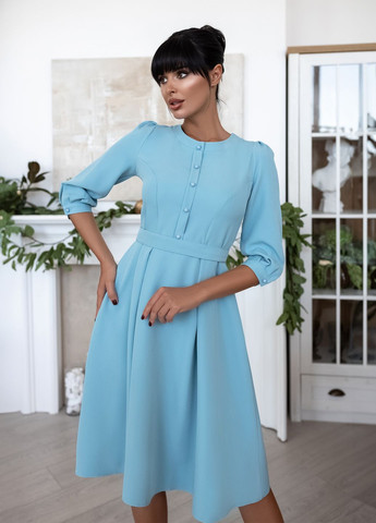 Блакитна ділова, коктейльна, вечірня сукня з ґудзиками кльош, дзвін, сукня-сорочка No Brand однотонна