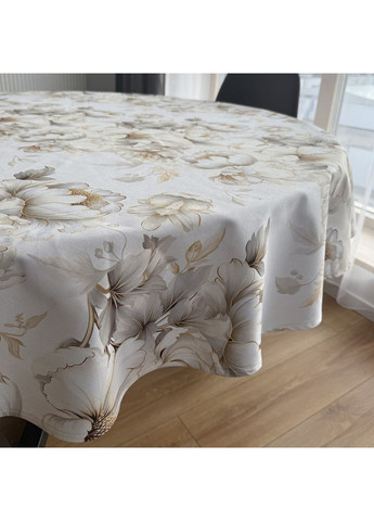 Кругла скатертина на стіл водовідштовхувальна біла бавовняна з тефлоновим покриттям Квіти Maystat (369505184)