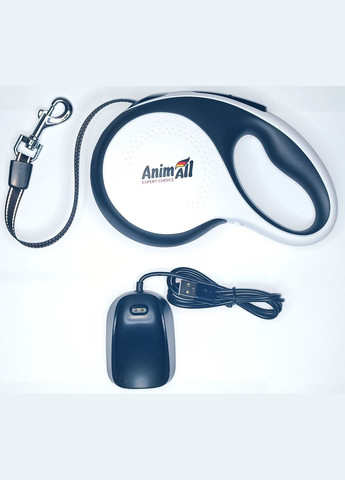 Поводокрулетка с Led-фонариком и USB-зарядкой для собак весом до 50 кг, 5 м, бело-чёрная, Энимал AnimAll (278309021)