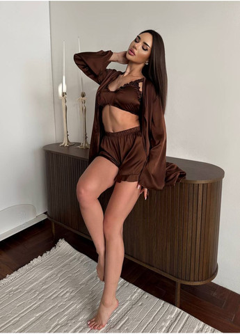 Коричневая шелковая женская пижама тройка Osoblyva