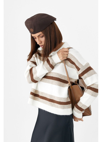 Молочный демисезонный вязаный свитер-поло в полоску No Brand