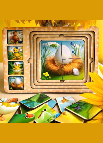 Дерев'яна настільна гра "Етапи розвитку курочки" (ПСФ018) PSF018 сортер-пазл Ubumblebees (365634242)