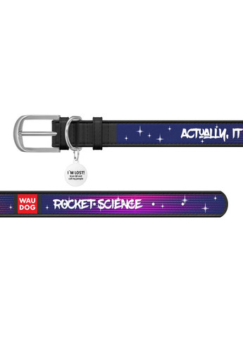 Ошейник для собак кожаный Design с QR паспортом, рисунок "Космос. Ракетостроение", XS, Ш 12 мм, Дл 19-25 см черный WAUDOG (332879686)