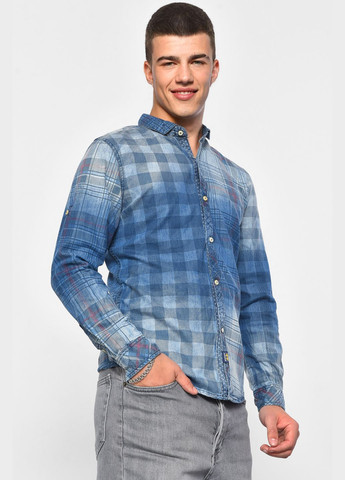Сорочка чоловіча батальна джинсова синього кольору в клітинку Let's Shop (293939453)
