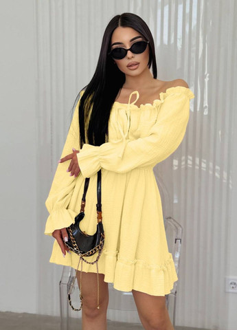 Жовтий повсякденний мінісукня з оборками та рукавами-ліхтариками кльош Україна однотонна