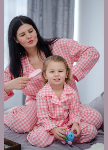 Рожева всесезон дитяча піжама з вареної бавовни у клітинку "зефір" (сорочка і штани) сорочка + брюки PAPLYK