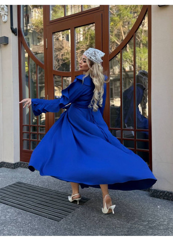 Синее праздничный, коктейльное, вечернее длинное платье с оборками а-силуэт Україна однотонное