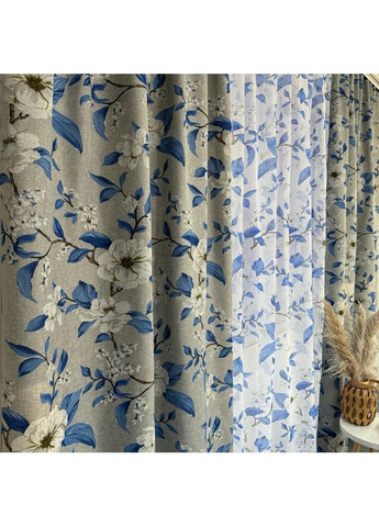 Елегантний комплект: штори (імітація льон) + тюль (батист) сіро-синього кольору з квітковим малюнком. No Brand (370278942)