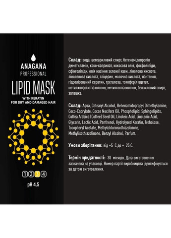 Липидная Маска с кератином для сухих пористых волос 200 мл ANAGANA (365747511)