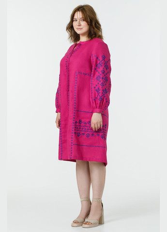 Бордова жіноча вишита сукня з льону з довгим рукавом та геометричним орнаментом краля, plus size., р., код 0467/48/688 ГАЛЕРЕЯ ЛЬОНУ