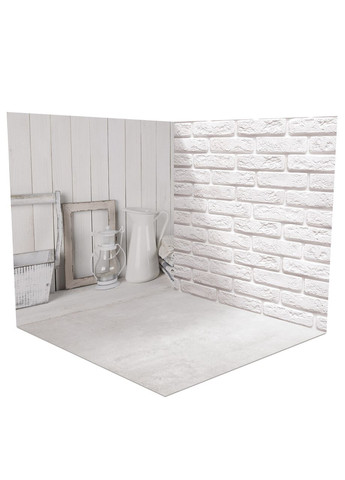 3D угловой виниловый фотофон для съёмки, белая кухня с кирпичом, светлый бетон и выбеленная доска, 50×50 см, №58054 PhotoVinyl (354357533)