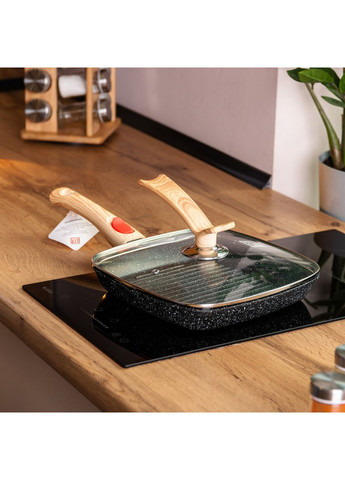 Алюмінієва сковорода-гриль 24 см зі скляною кришкою та ручкою, квадратна, чорна HP-4-461B MGC (370802455)