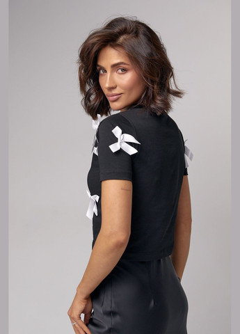 Черная летняя женская футболка украшена бантами 99304 с коротким рукавом Lurex