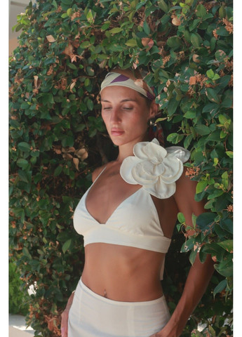 Комплект женский на лето лен топ + юбка с цветком CUBA молочный Handy Wear (298050962)