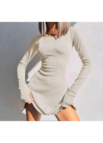 Бежева повсякденний сукня жіноча в рубчик зав'язується на талії м'яка з прорізами на рукавах котортка дзвін No Brand однотонна