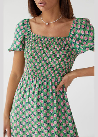 Зеленое повседневный женское длинное платье с эластичным поясом 5554 Lurex с цветочным принтом