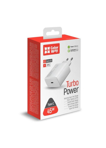 Сетевое зарядное устройство для Power Delivery Port PPS (1USB-Cx3A) (45W) White (CW-CHS034PD-WT) Colorway (336955389)