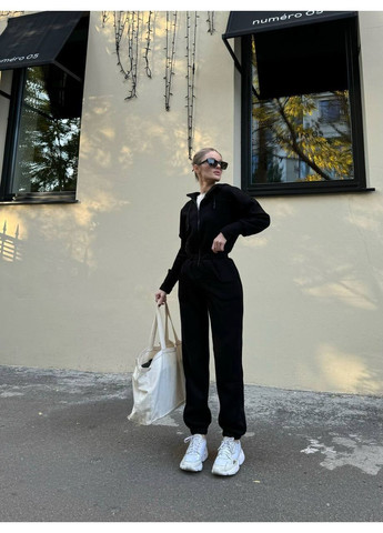 Комбинезон No Brand комбинезон-брюки однотонный чёрный спортивный, кэжуал трехнитка с начесом