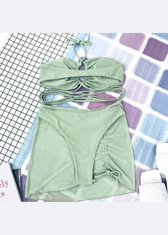 Оливковый летний женский раздельный купальник тройка с завязками вокруг талии и юбкой zebra бежевый No Brand