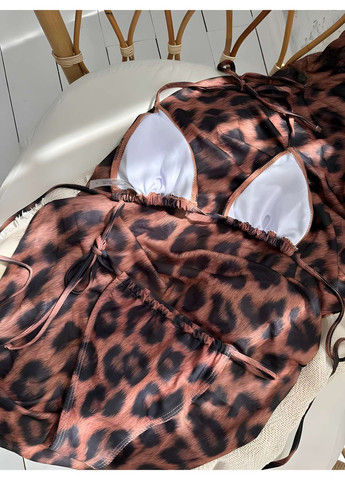 Коричневий літній жіночий літній леопардовий роздільний купальник трійка із сукнею парео No Brand