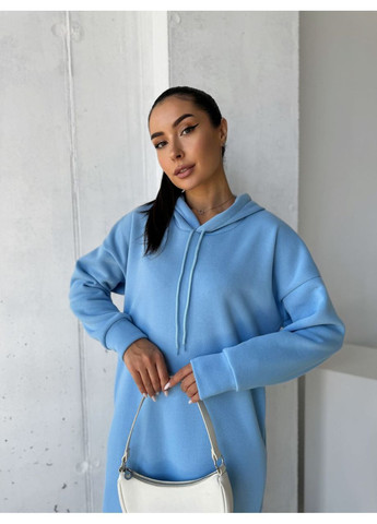 Блакитна сукня з капюшоном та кишенями оверсайз тринитка на флісі Україна