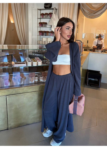 Графитовый демисезонный женский комплект (кардиган + брюки палаццо + пояс) Україна