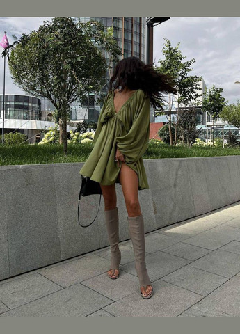 Оливкова повсякденний пишна міні сукня з довгим рукавом з пишною спідницею Adelante однотонна