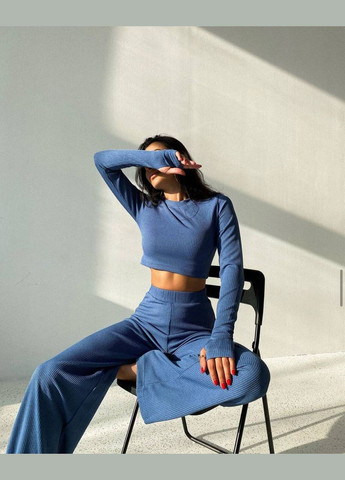 Повседневный костюм двойка в рубчик в цвете джинс No Brand 945-10 (327496762)