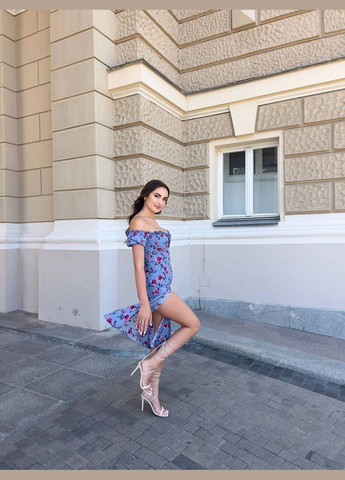 Блакитна святковий, коктейльна, ділова, повсякденний, вечірня сукня жіноча з відкритими плечима No Brand з квітковим принтом