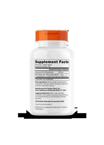 Коензим Q10 High Absorption CoQ10 with BioPerine 200 мг, 180 капсул Doctor's Best (361114609)