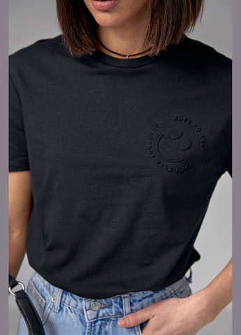 Чорна літня бавовняна футболка з опуклим принтом смайла 02403 з коротким рукавом Lurex